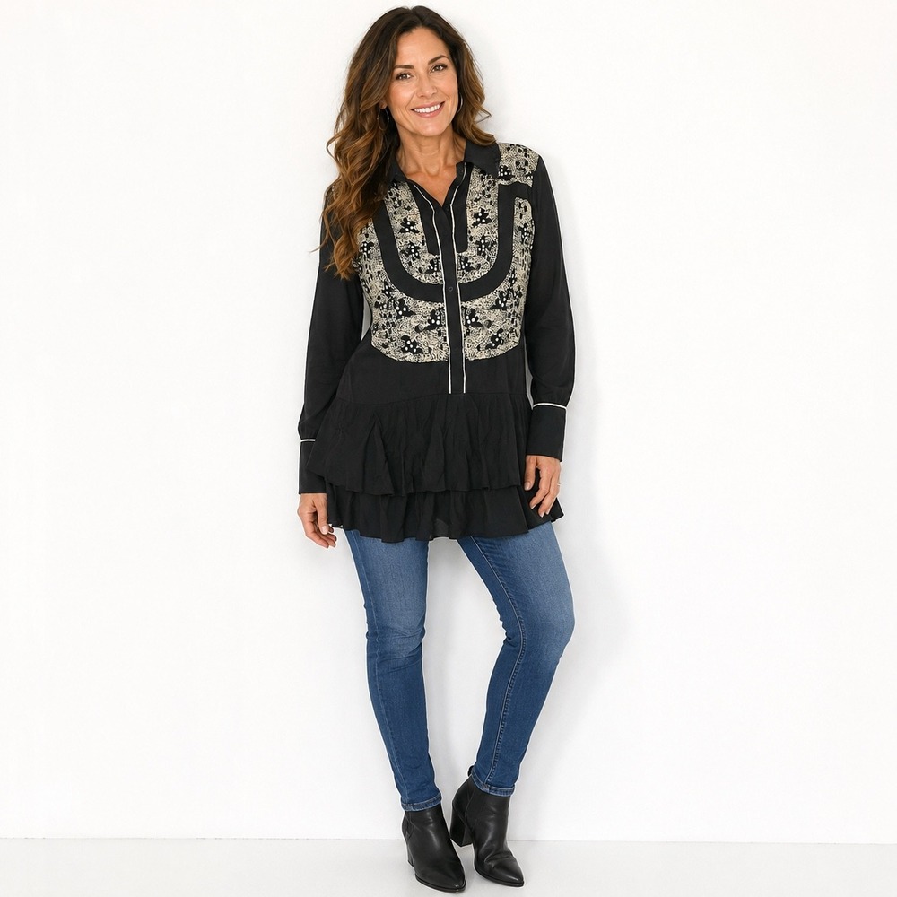 Mint Velvet Tunic Top Womens L Black Lace Print Ruffle Hem Long Sleeve Rayon